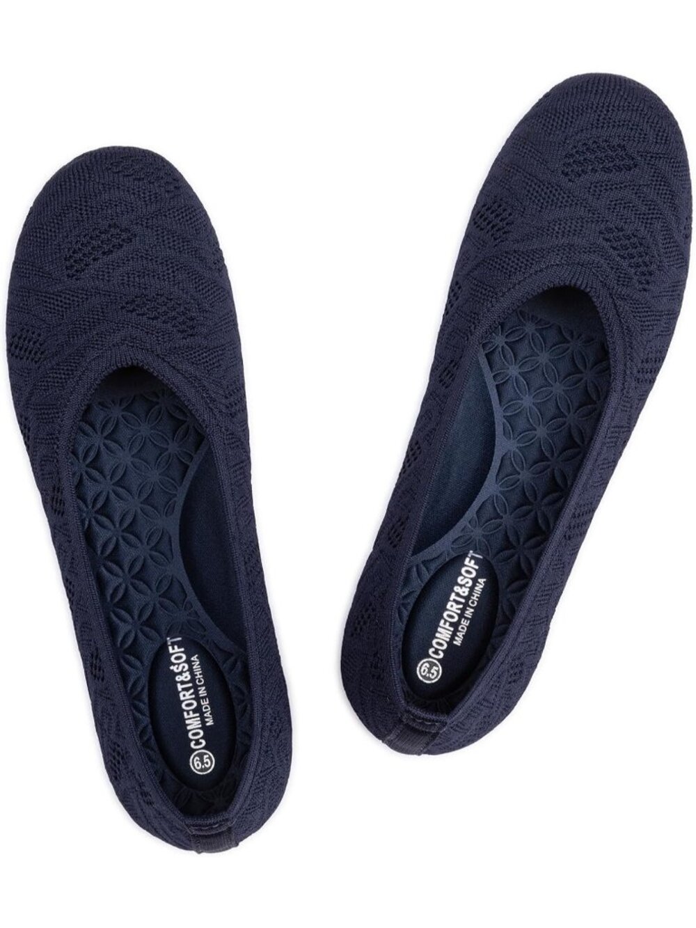 Women's All Navy Blue Round Toe Low Wedge Slip On Ballerina Ballet Flat Shoes